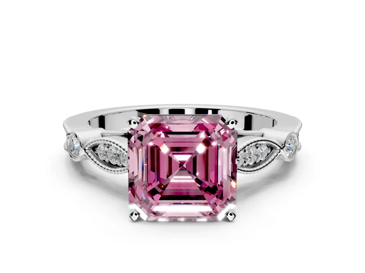 Solitaire Engagement Ring Setting for Fancy Pink Asscher Cut Center with Marquise and Bezel Accents and Prong Head in White Gold