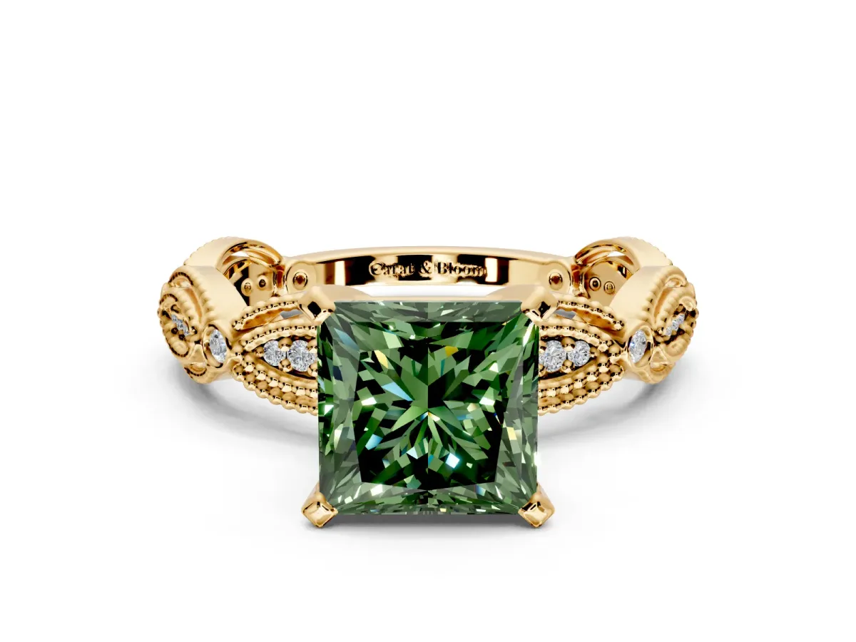 Solitaire Engagement Ring Setting for Fancy Green Princess Cut Center with Marquise Panel Band and Prong Head in Yellow Gold