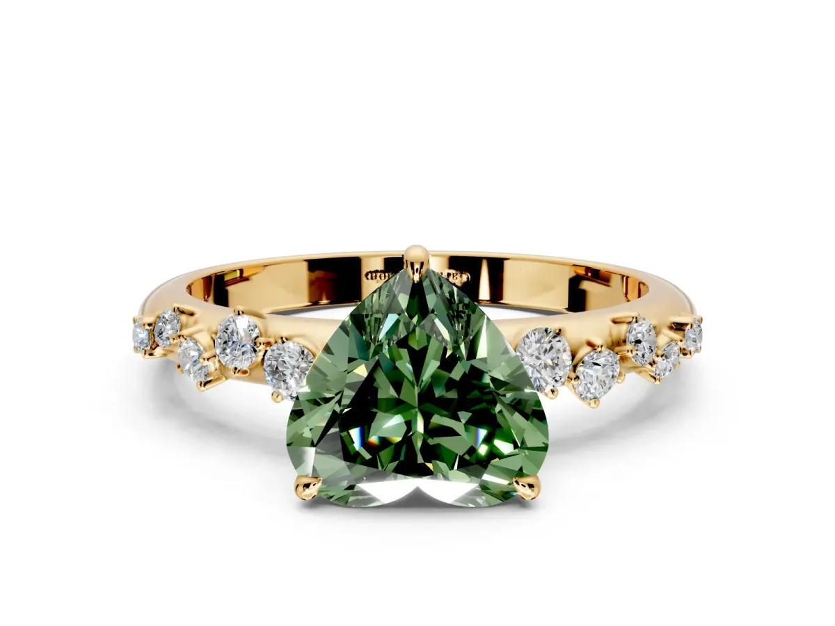 Cluster Engagement Ring Setting for Fancy Green Heart-Shaped Center with Round Cut Accent Band and Prong Head in Yellow Gold