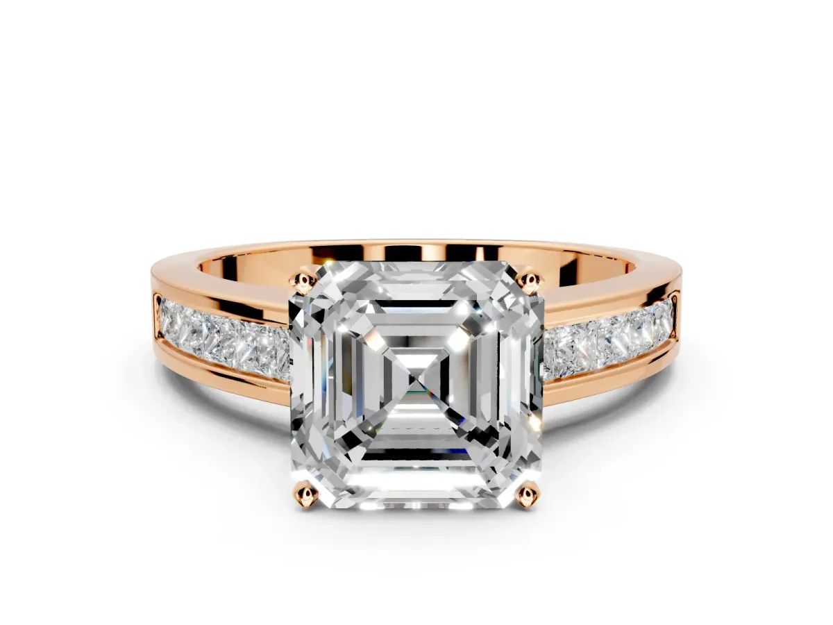 Solitaire Engagement Ring Setting for Asscher Cut Center with Princess Cut Channel Band and Prong Head in Rose Gold