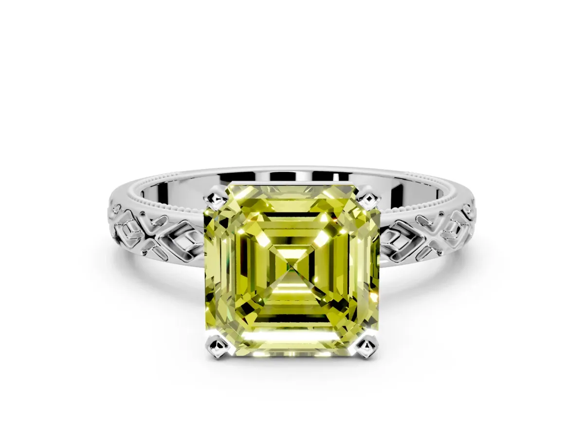 Solitaire Engagement Ring Setting for Fancy Yellow Asscher Cut Center with Milgrain X Pattern Band and Prong Head in Sterling Silver