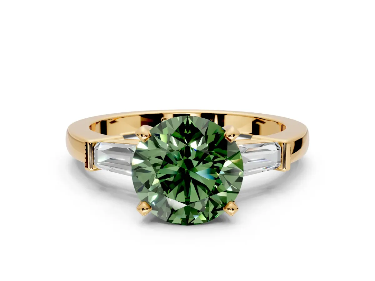 3 Stone Engagement Ring Setting for Fancy Green Round Cut Center with Channel Baguette Accents and Prong Head in Yellow Gold
