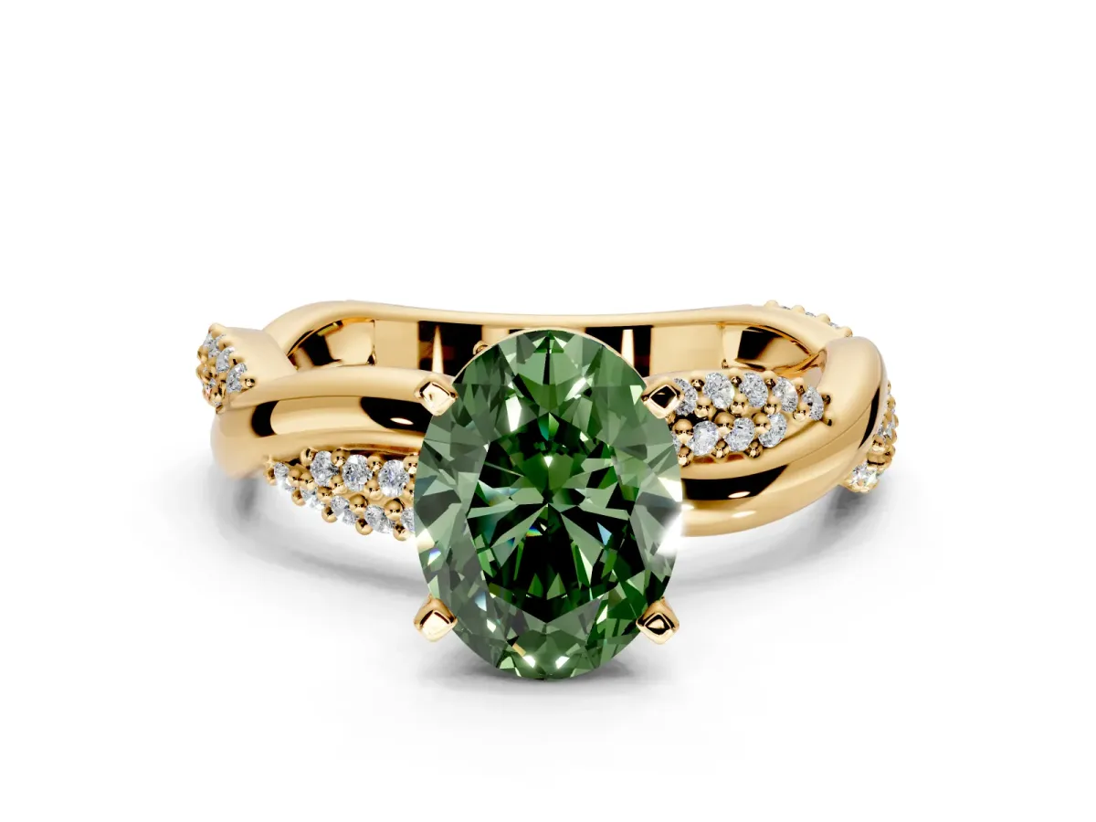 Solitaire Engagement Ring Setting for Fancy Green Oval Center with Pave and Plain Crossover and Basket Head in Yellow Gold