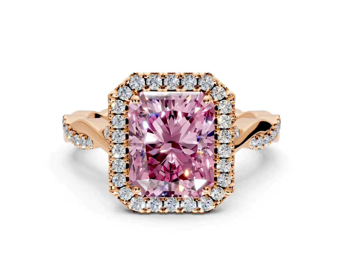 Halo Engagement Ring Setting for Fancy Pink Radiant Cut Center with Twist Band and Prong Head in Rose Gold