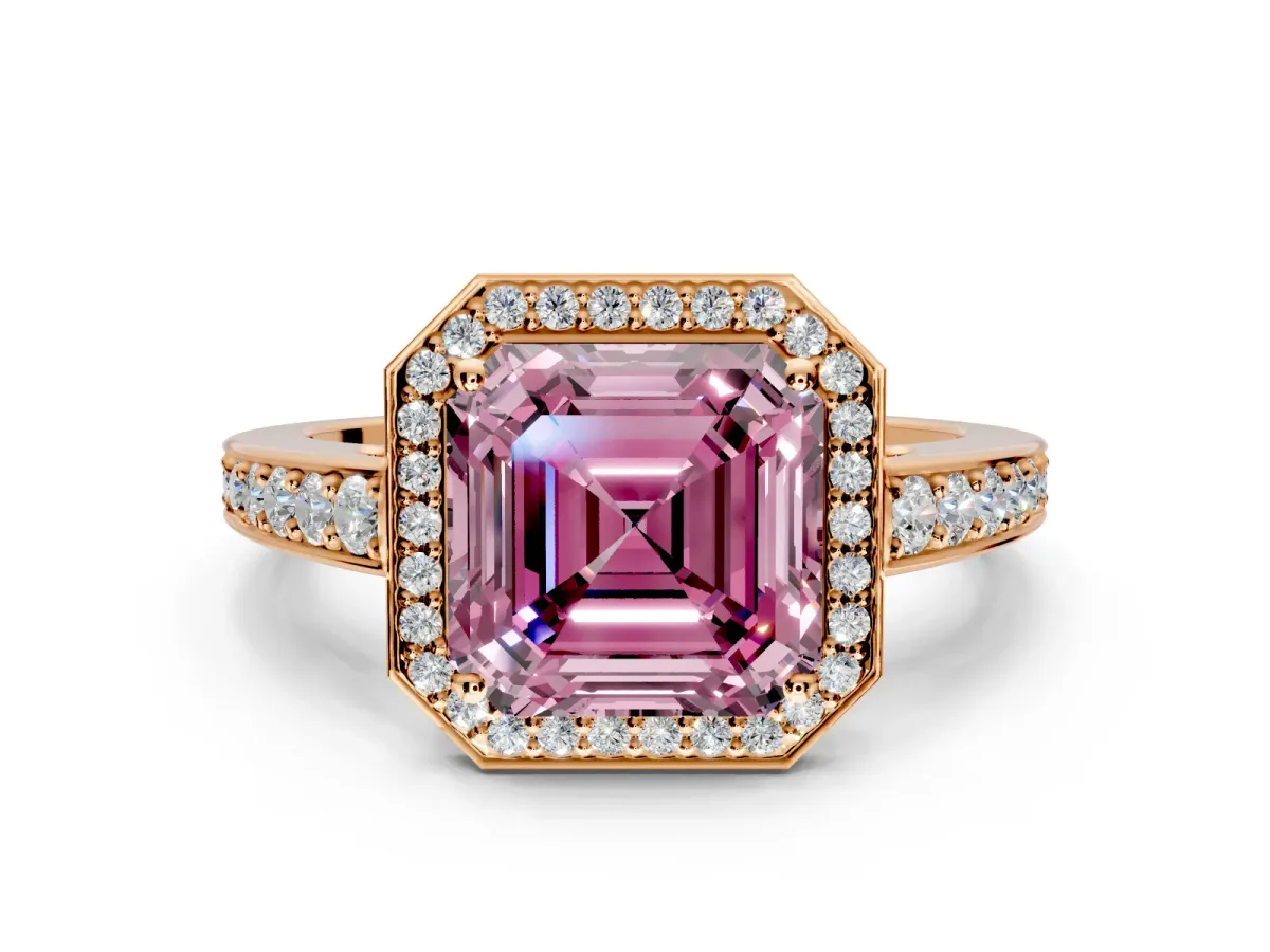 Bezel-Framed Halo Engagement Ring Setting for Fancy Pink Asscher Cut Center with Pave Band and Prong Head in Rose Gold