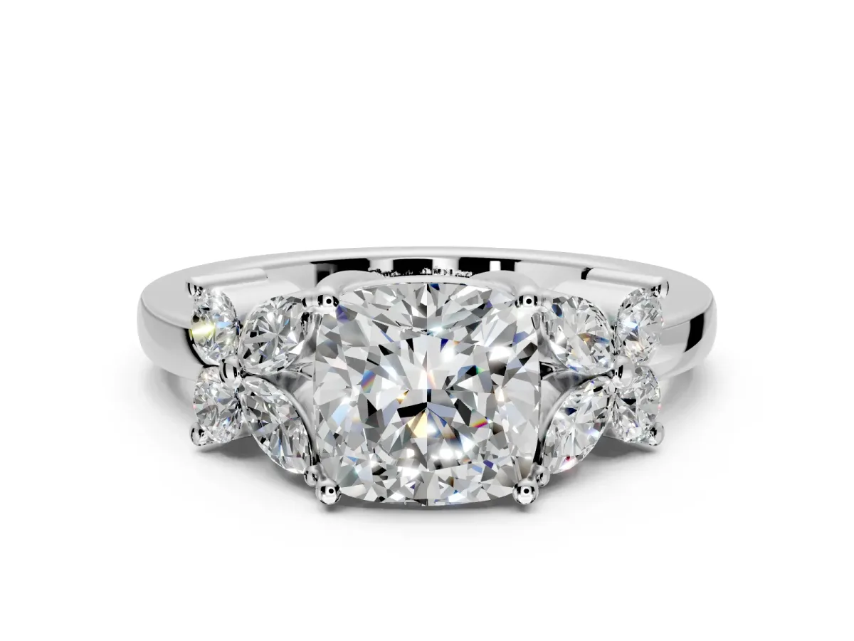 Floral Engagement Ring Setting for Cushion Cut Center with Marquise Cluster Shoulders and Prong Head in White Gold