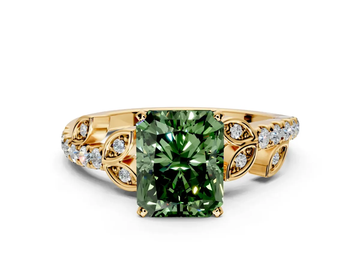Leaf Motif Engagement Ring Setting for Fancy Green Radiant Cut Center with Pave Band and Prong Head in Yellow Gold