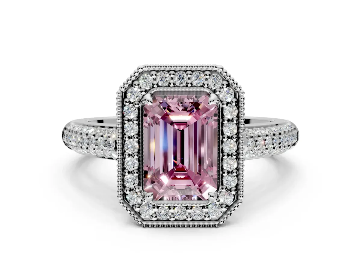 Milgrain Halo Engagement Ring Setting for Fancy Pink Emerald Cut Center with Three-Sided Pave Band and Prong Head in Sterling Silver