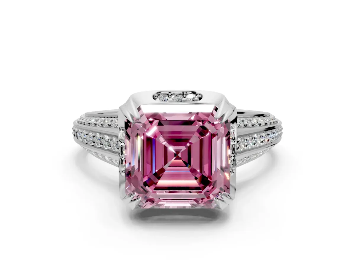 Solitaire Engagement Ring Setting for Fancy Pink Asscher Cut Center with Accented Split Shank and Prong Head in Platinum