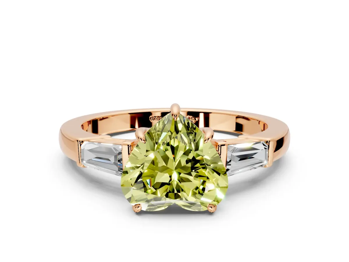3 Stone Engagement Ring Setting for Fancy Yellow Heart-Shaped Center with Baguette Accents and Prong Head in Rose Gold