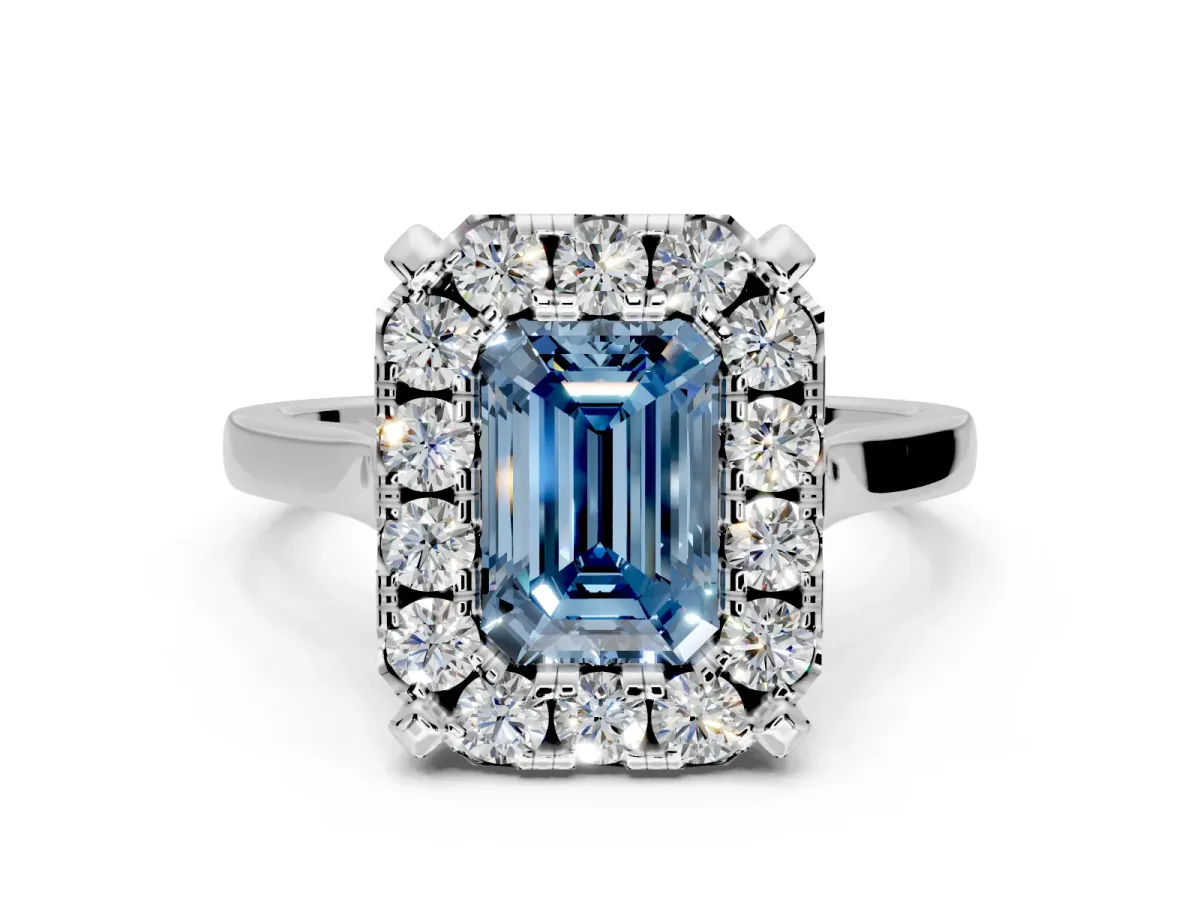 Single Halo Engagement Ring Setting for Fancy Blue Emerald Cut Center with Corner Claws, Plain Band and Prong Head in Platinum