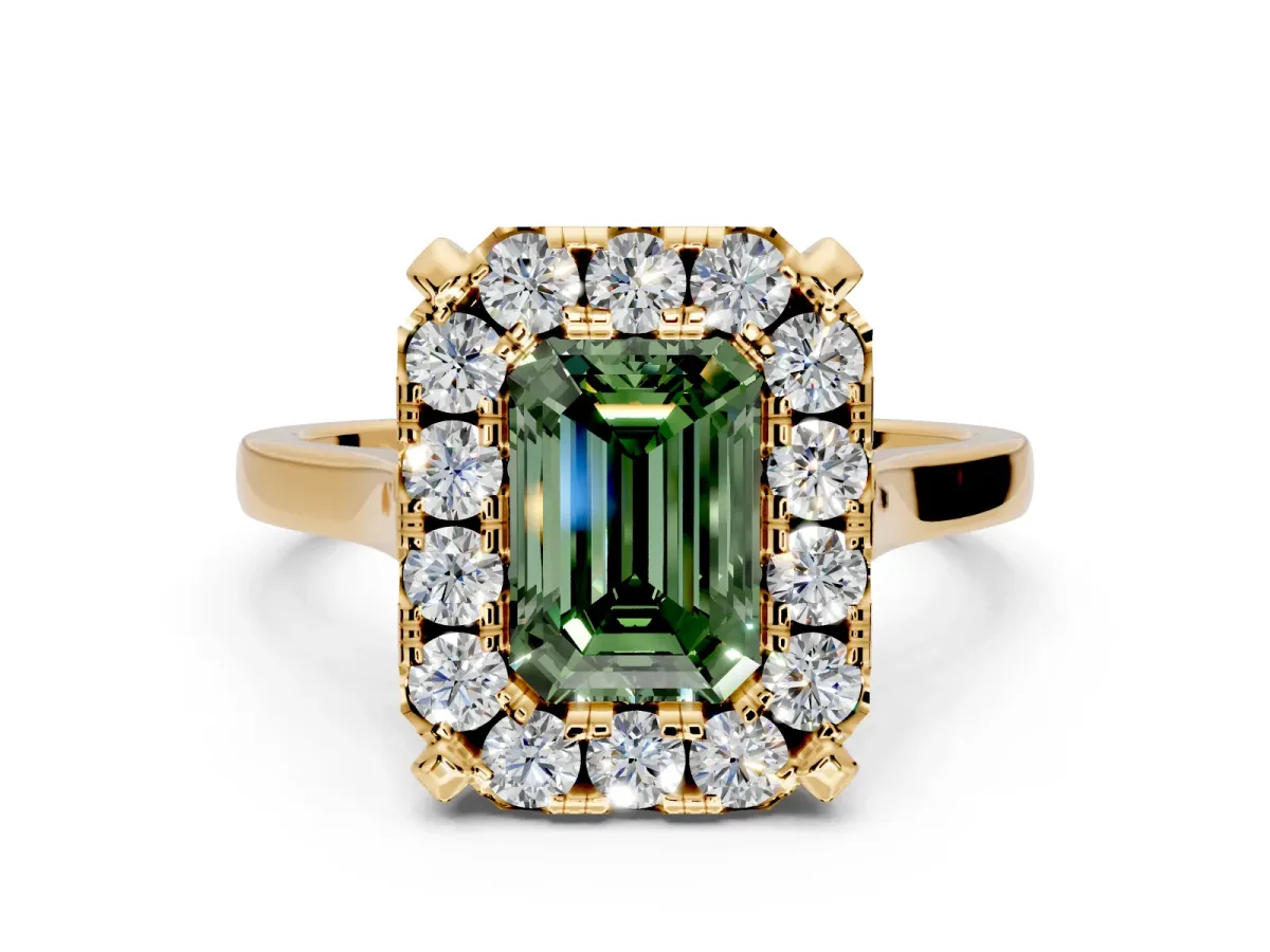 Single Halo Engagement Ring Setting for Fancy Green Emerald Cut Center with Corner Claws, Plain Band and Prong Head in Yellow Gold