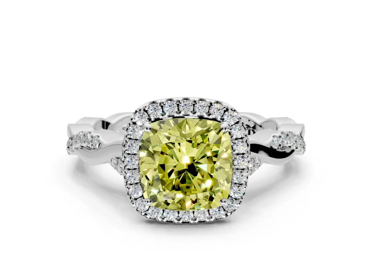 Halo Engagement Ring Setting for Fancy Yellow Cushion Cut Center with Twist Band and Prong Head in White Gold