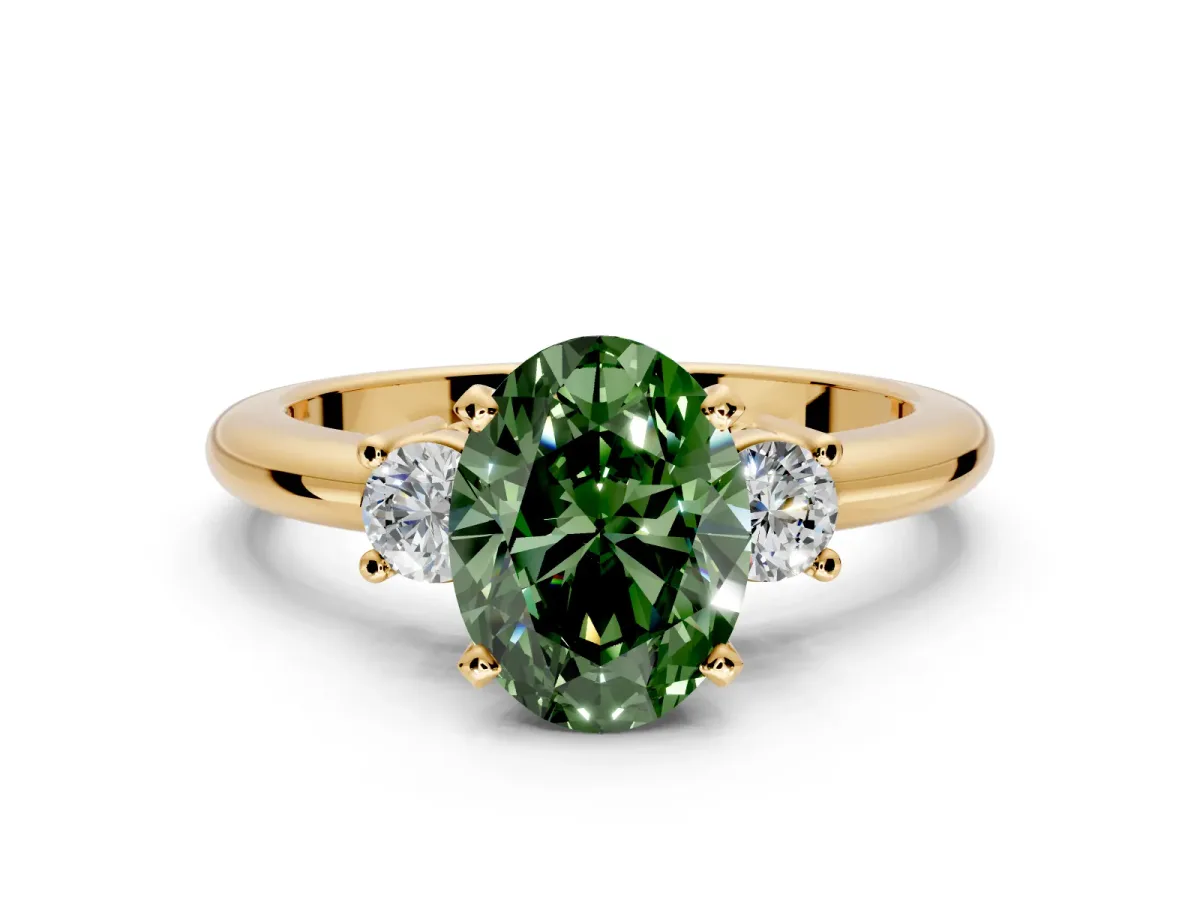3 Stone Engagement Ring Setting for Fancy Green Oval Center with Wide Plain Band and Prong Head in Yellow Gold