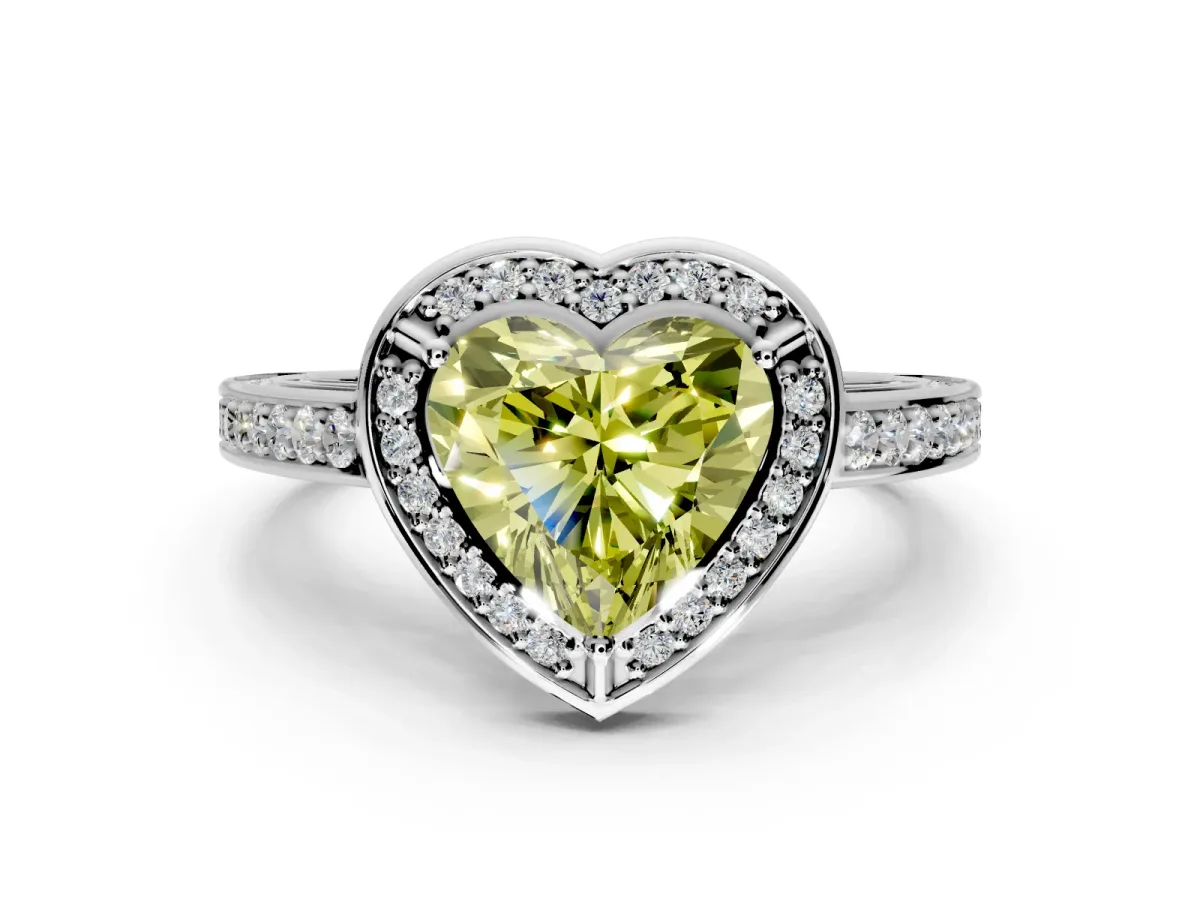 Halo Engagement Ring Setting for Fancy Yellow Heart-Shaped Center with Framed Halo, Pave Band and Prong Head in Platinum