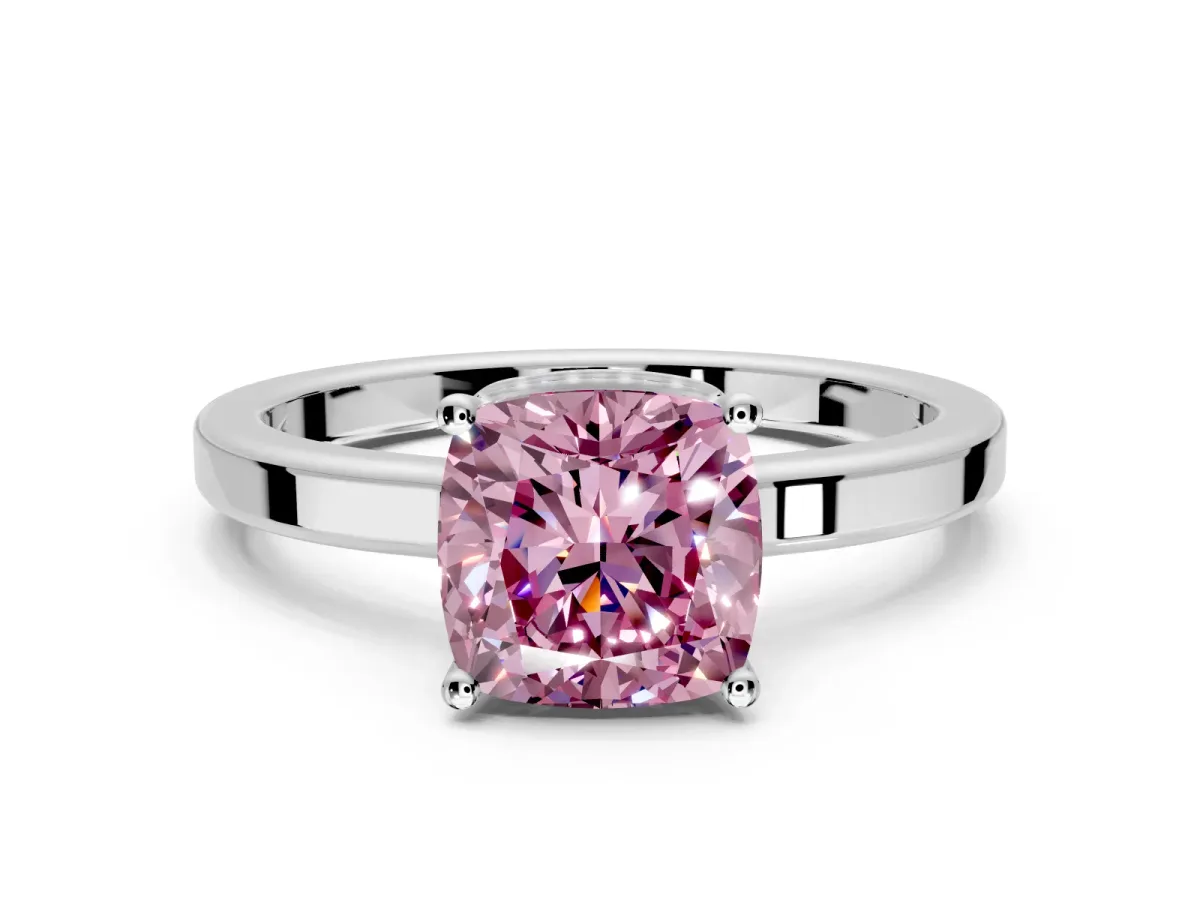 Hidden Halo Engagement Ring Setting for Fancy Pink Cushion Cut Center with Wide Flat Plain Band and Prong Head in Sterling Silver