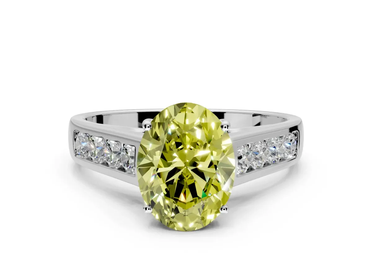 Solitaire Engagement Ring Setting for Fancy Yellow Oval Center with Cathedral Channel Band and Prong Head in White Gold