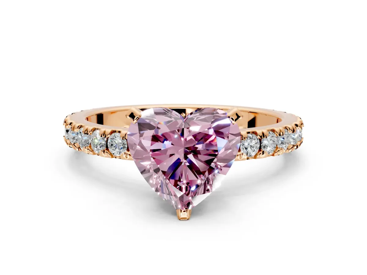 Solitaire Engagement Ring Setting for Fancy Pink Heart-Shaped Center with Fine Pave Band and Claw Prong Head in Rose Gold