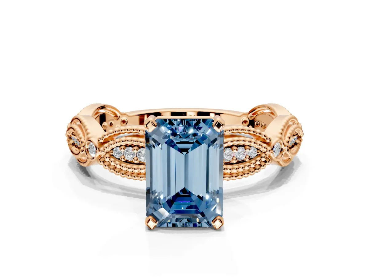Solitaire Engagement Ring Setting for Fancy Blue Emerald Cut Center with Marquise Panel Band and Prong Head in Rose Gold