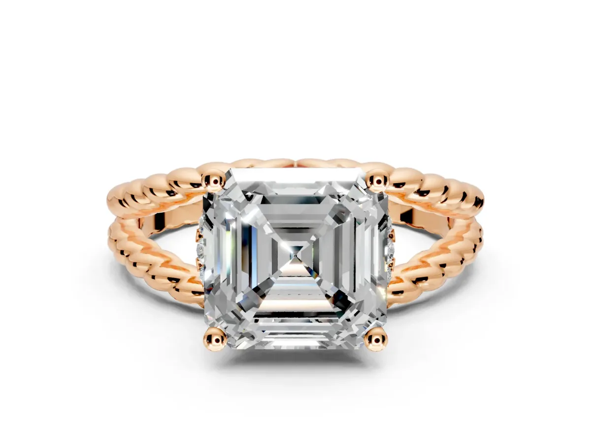 Halo Engagement Ring Setting for Asscher Cut Center with Rope Twist Split Shank and Prong Head in Rose Gold