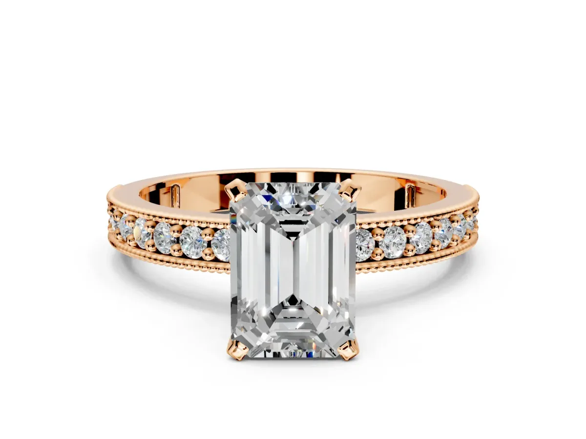 Milgrain Pave Engagement Ring Setting for Emerald Cut Center with Accent Band and Prong Head in Rose Gold
