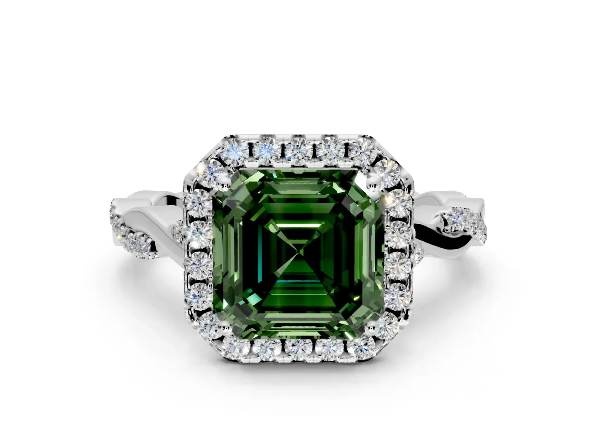 Halo Engagement Ring Setting for Fancy Green Asscher Cut Center with Twist Band and Prong Head in Platinum