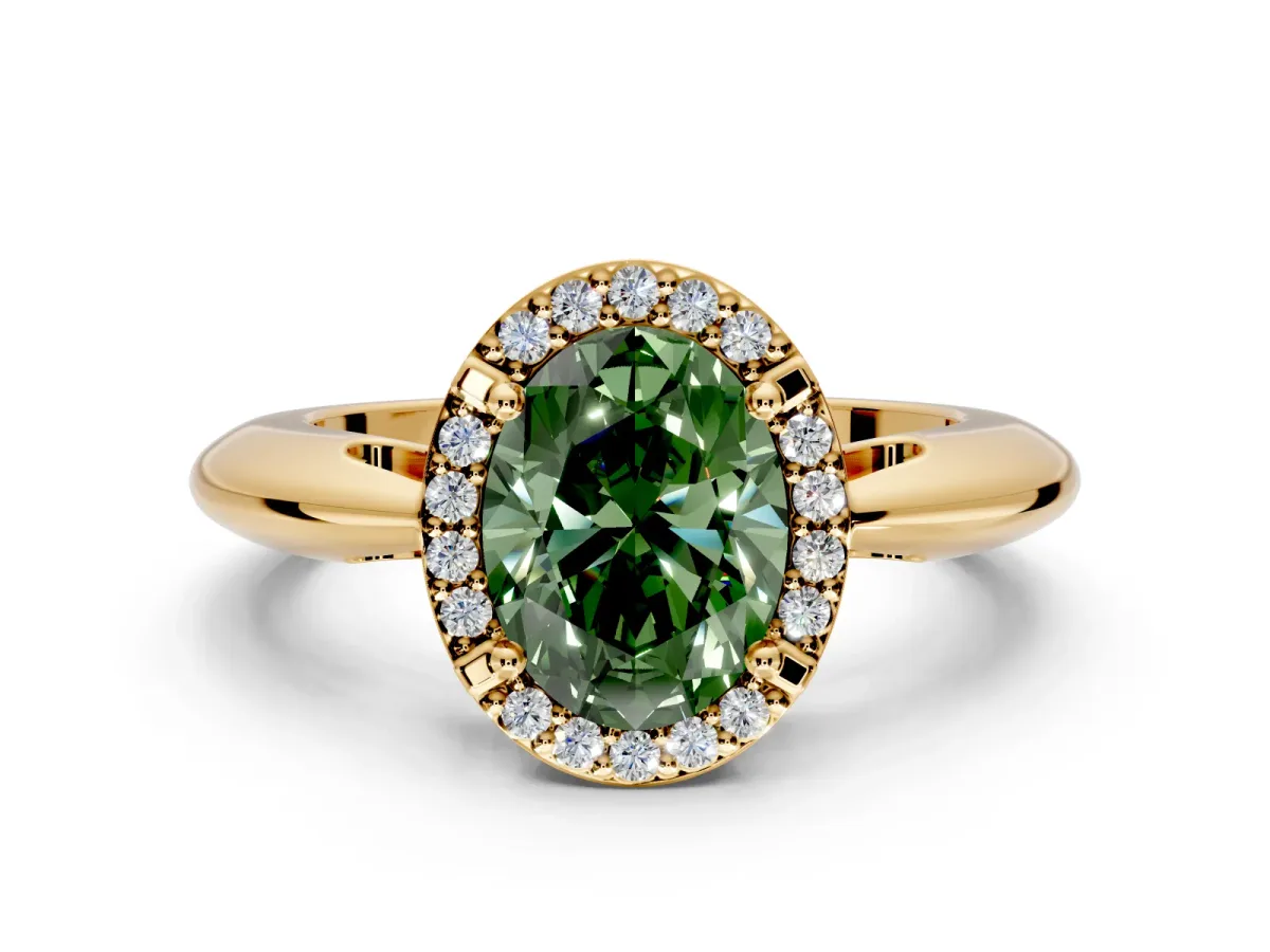 Halo Engagement Ring Setting for Fancy Green Oval Center with Tapered Plain Band and Prong Head in Yellow Gold
