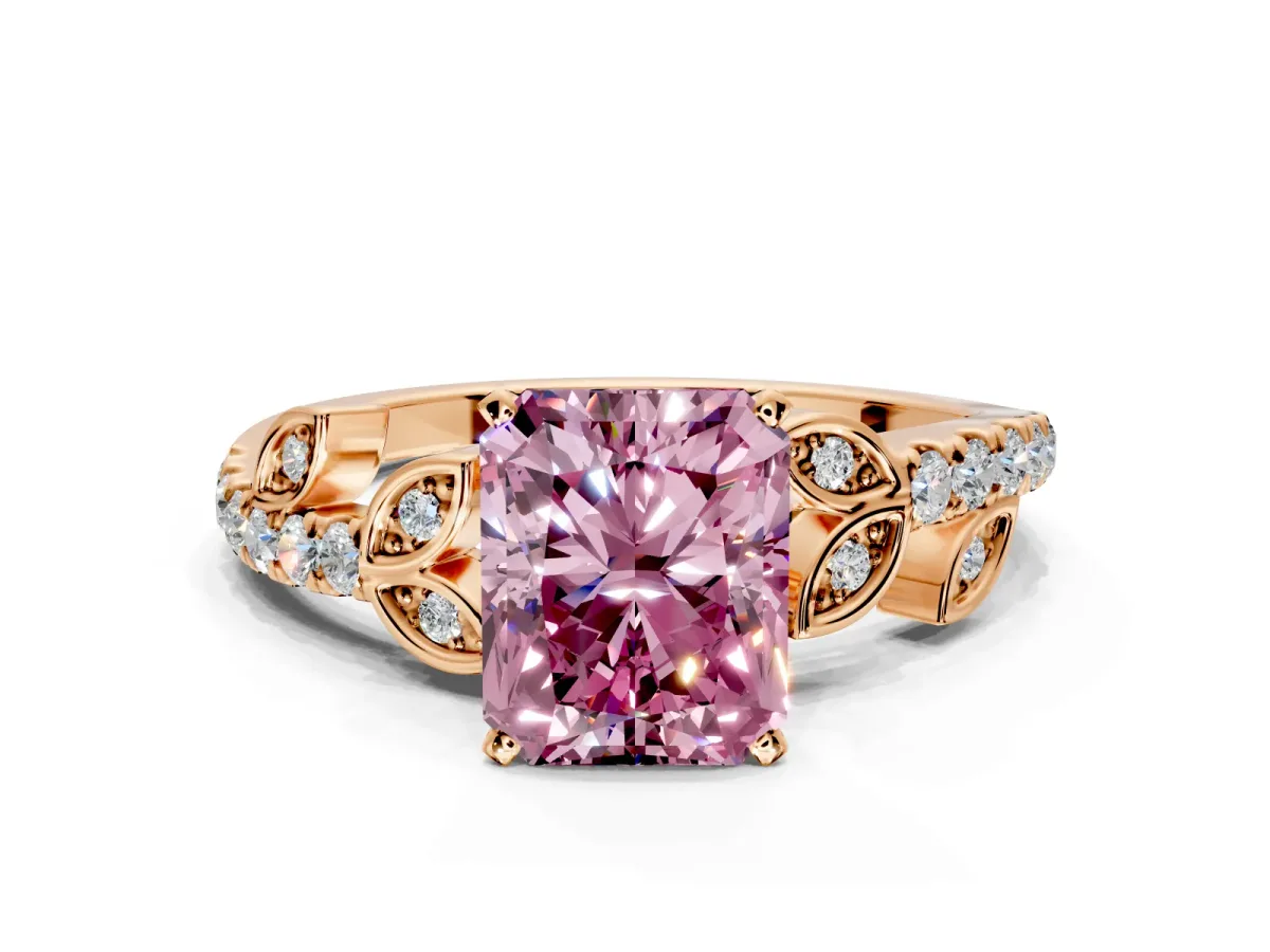 Leaf Motif Engagement Ring Setting for Fancy Pink Radiant Cut Center with Pave Band and Prong Head in Rose Gold