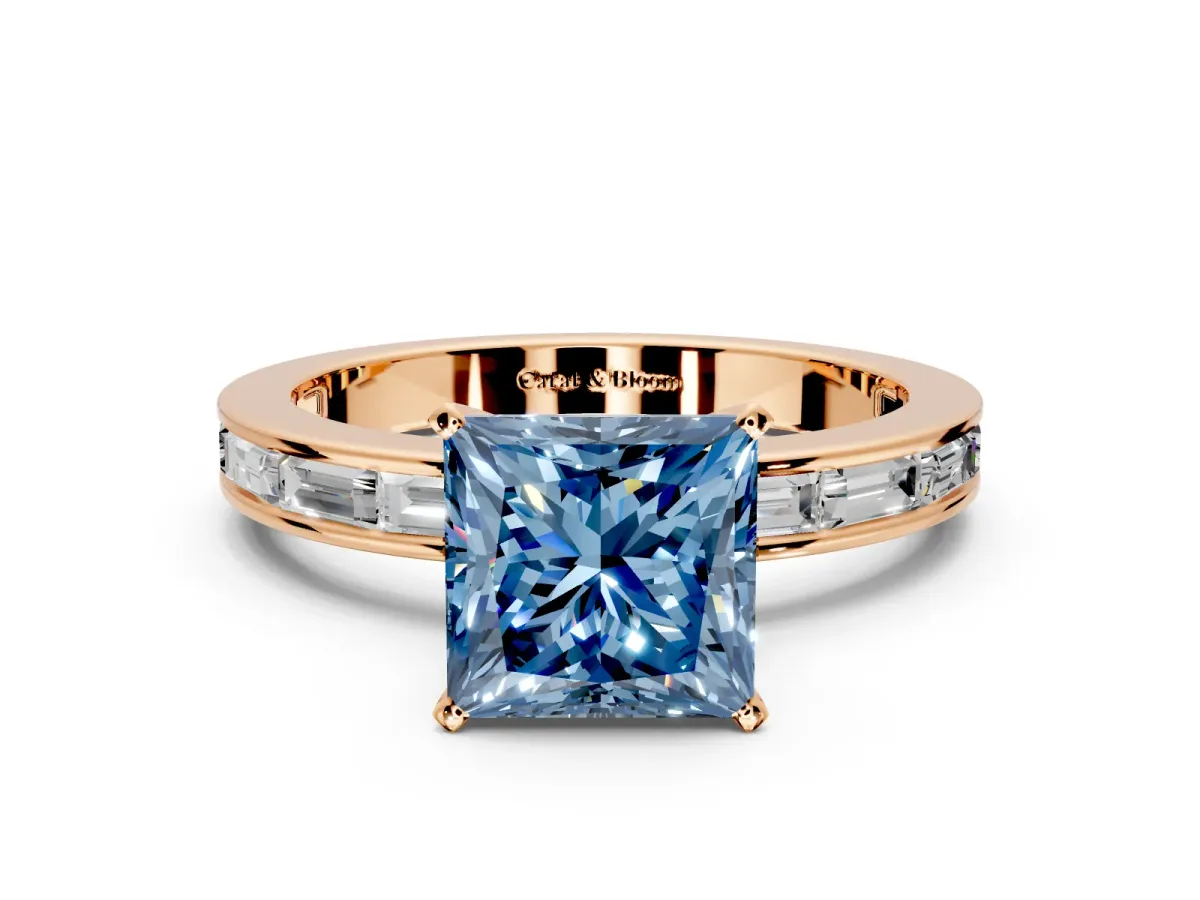 Solitaire Engagement Ring Setting for Fancy Blue Princess Cut Center with Channel Baguette Band and Prong Head in Rose Gold