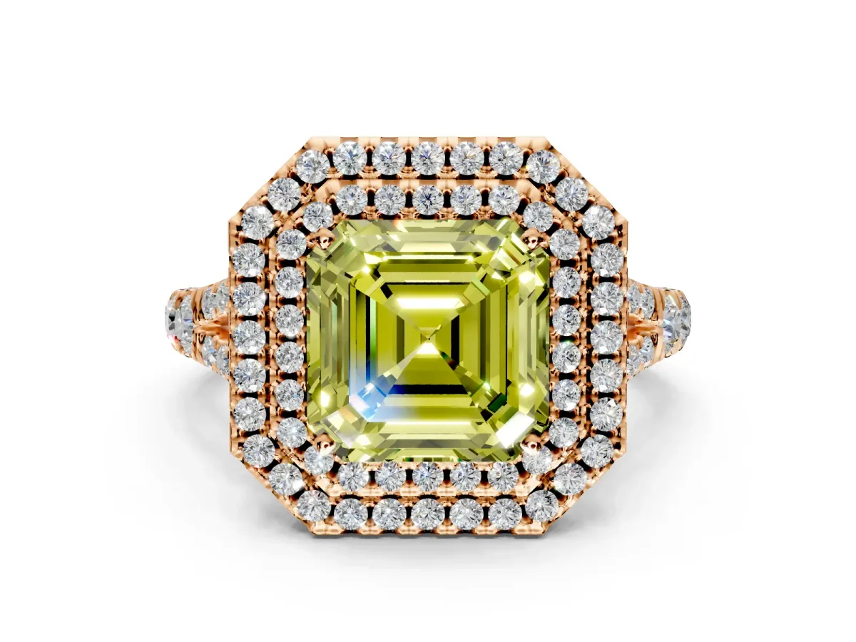 Double Halo Engagement Ring Setting for Fancy Yellow Asscher Cut Center with Narrow Pave Split Shank and Prong Head in Rose Gold