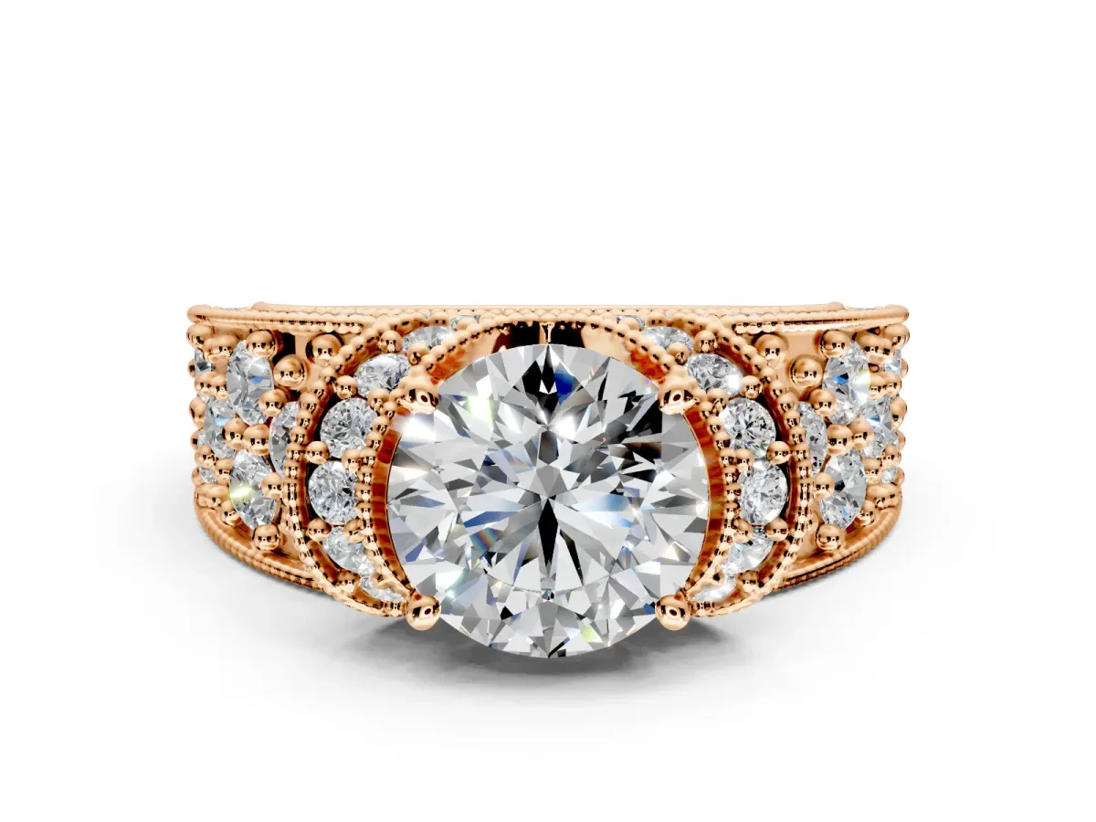 Pave Engagement Ring Setting for Round Cut Center with Curved Accent Rows, Openwork and Prong Head in Rose Gold