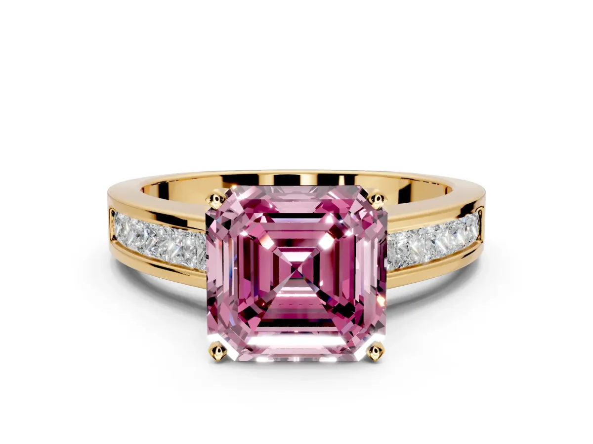 Solitaire Engagement Ring Setting for Fancy Pink Asscher Cut Center with Princess Cut Channel Band and Prong Head in Yellow Gold