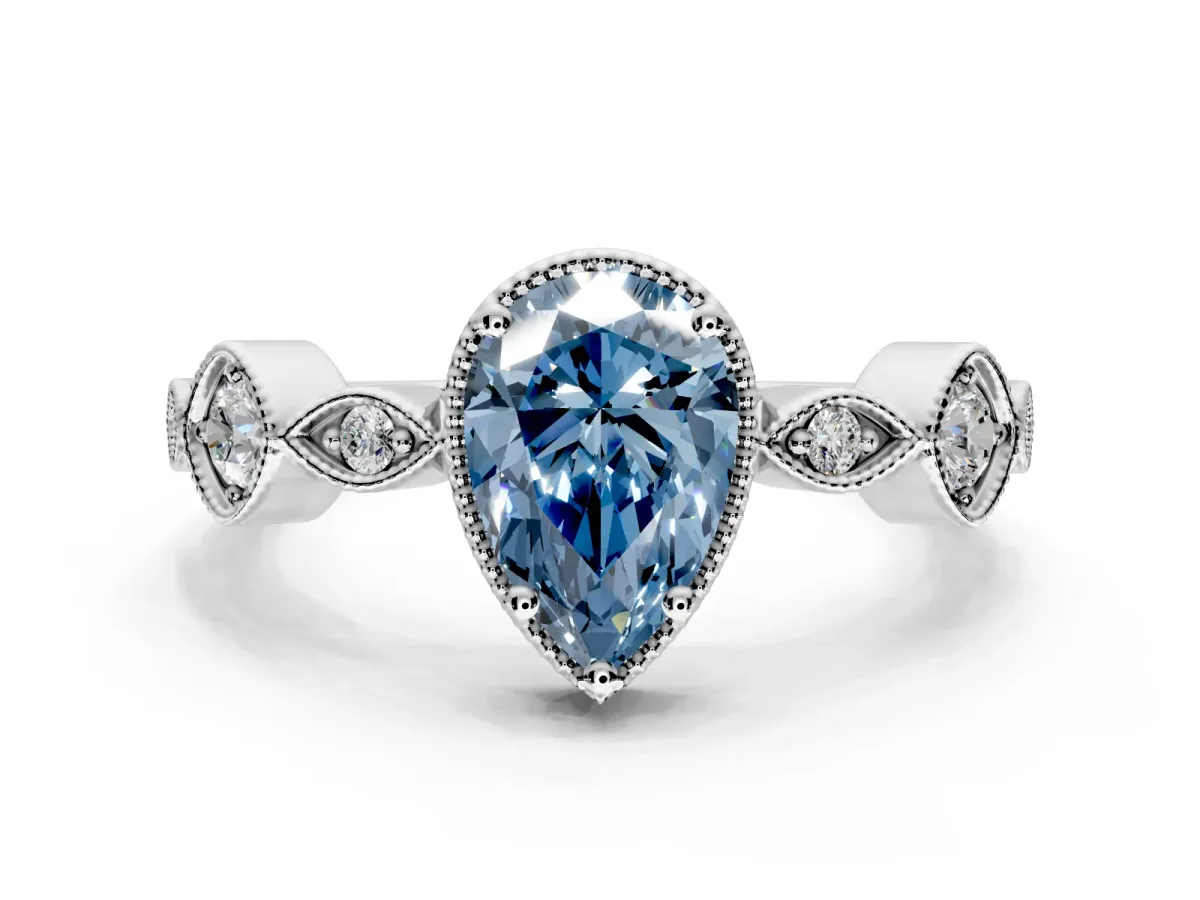 Vintage Station Engagement Ring Setting for Fancy Blue Pear-Shaped Center with Accents and Prong Head in Sterling Silver