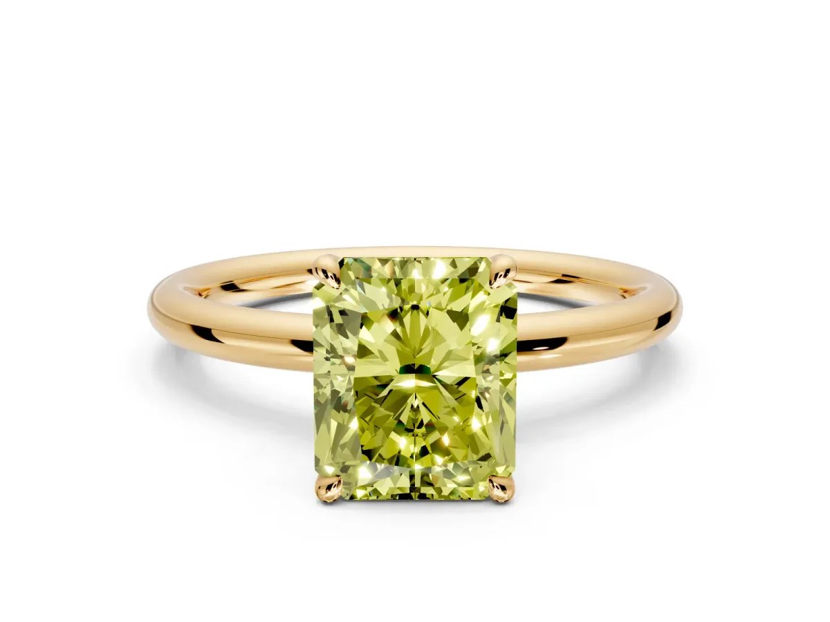 Hidden Halo Engagement Ring Setting for Fancy Yellow Radiant Cut Center with Thin Rounded Band and Prong Head in Yellow Gold