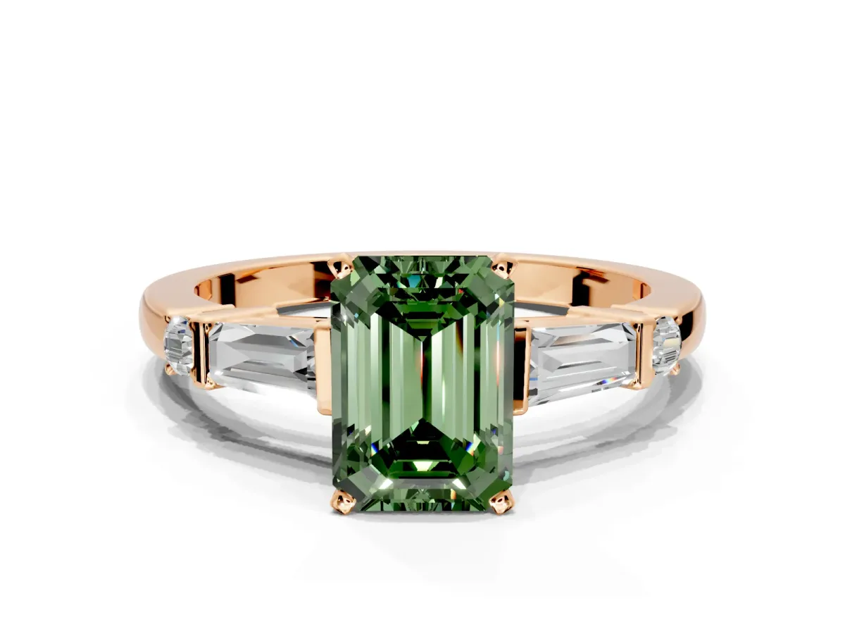 Bar-Set Engagement Ring Setting for Fancy Green Emerald Cut Center with Tapered Baguette Accents and Prong Head in Rose Gold