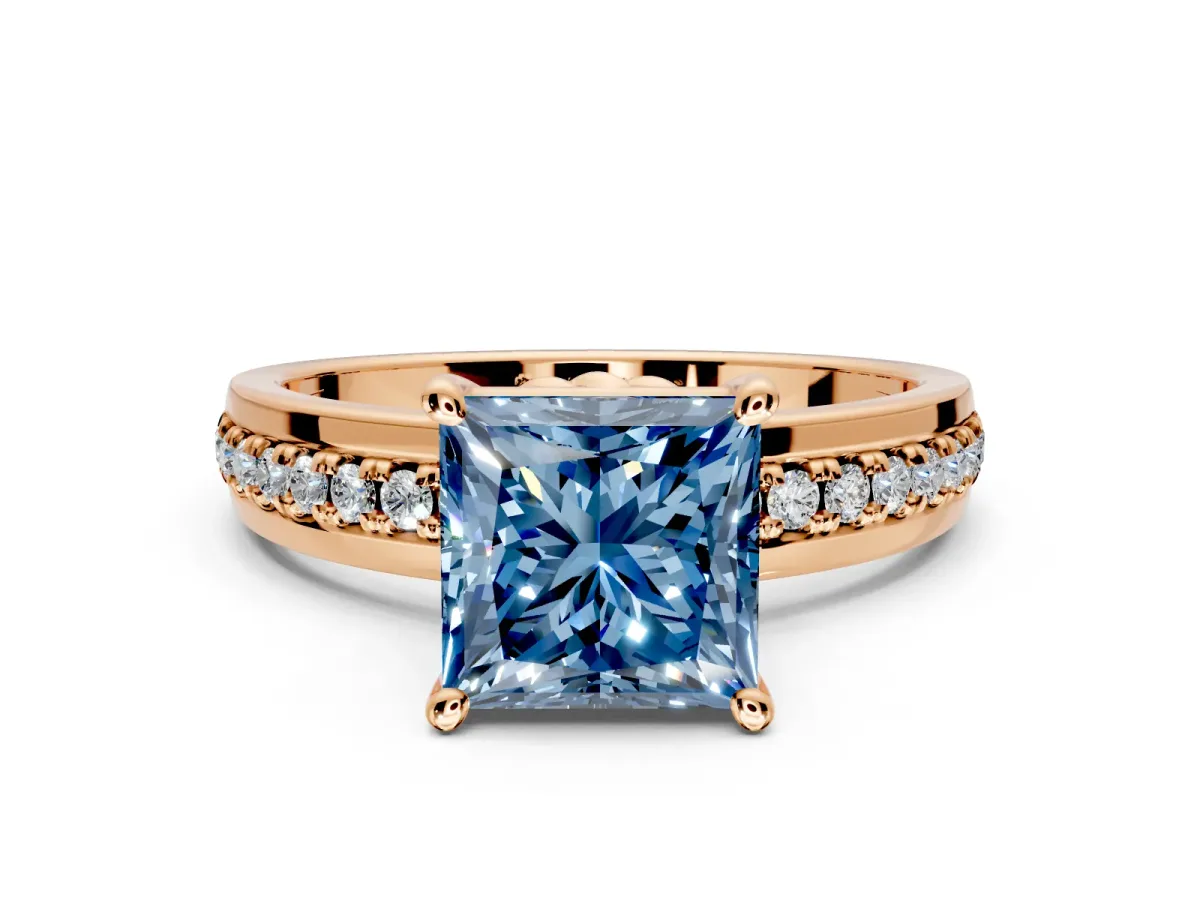 Solitaire Engagement Ring Setting for Fancy Blue Princess Cut Center with Raised Channel Band and Prong Head in Rose Gold