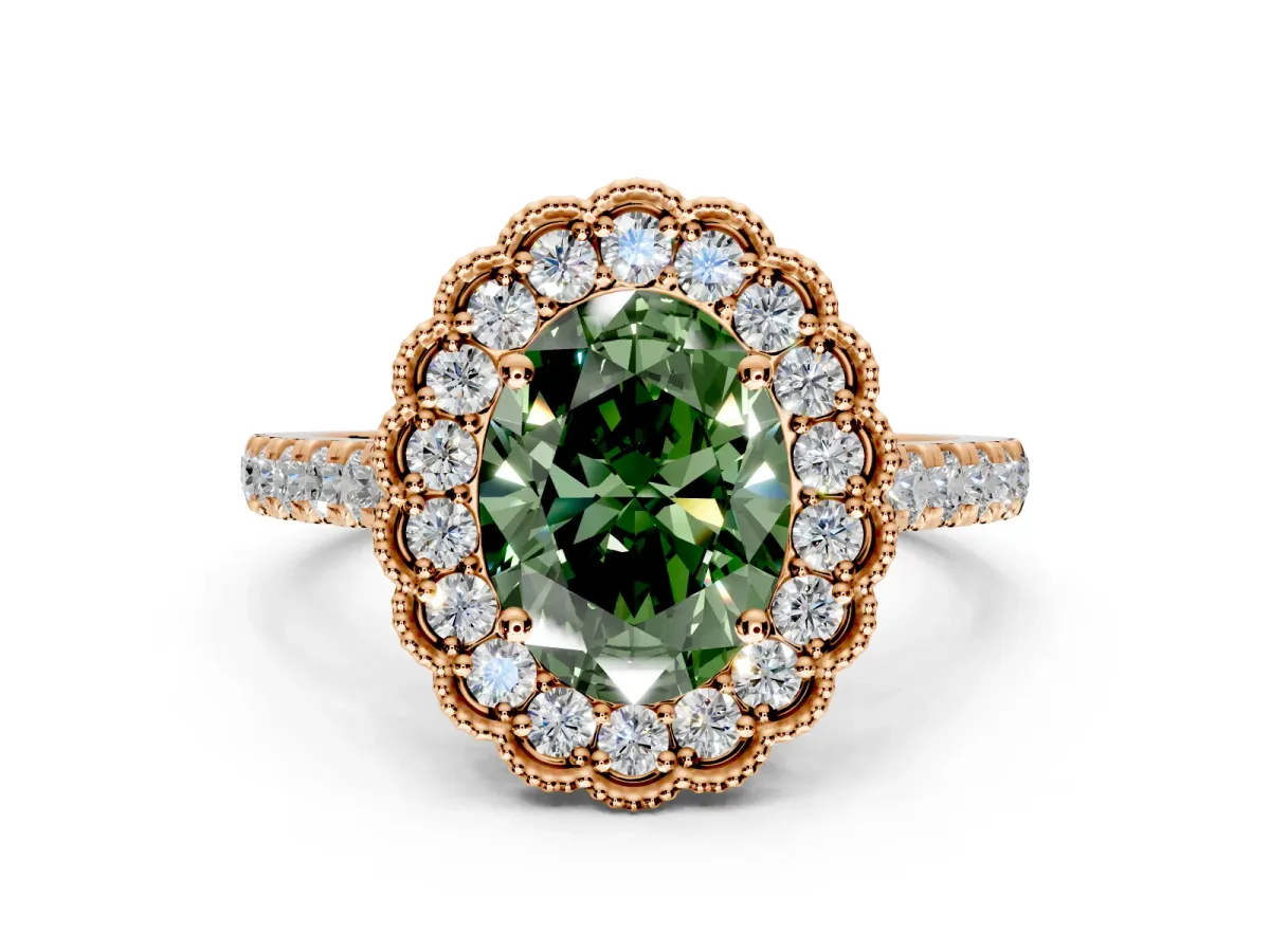 Milgrain Floral Halo Engagement Ring Setting for Fancy Green Oval Center with Pave Band and Prong Head in Rose Gold