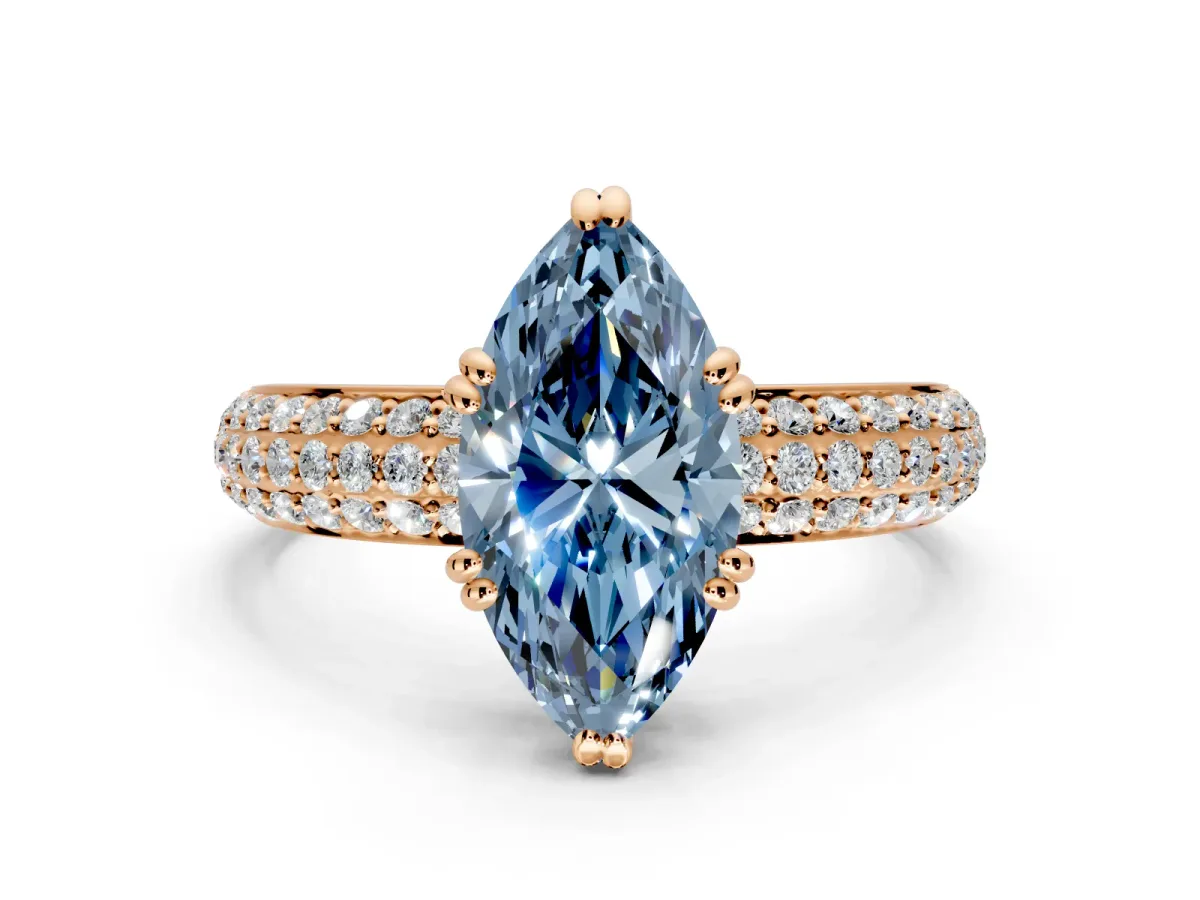 Solitaire Engagement Ring Setting for Fancy Blue Marquise Center with Multi-Row Pave Accents and Basket Head in Rose Gold