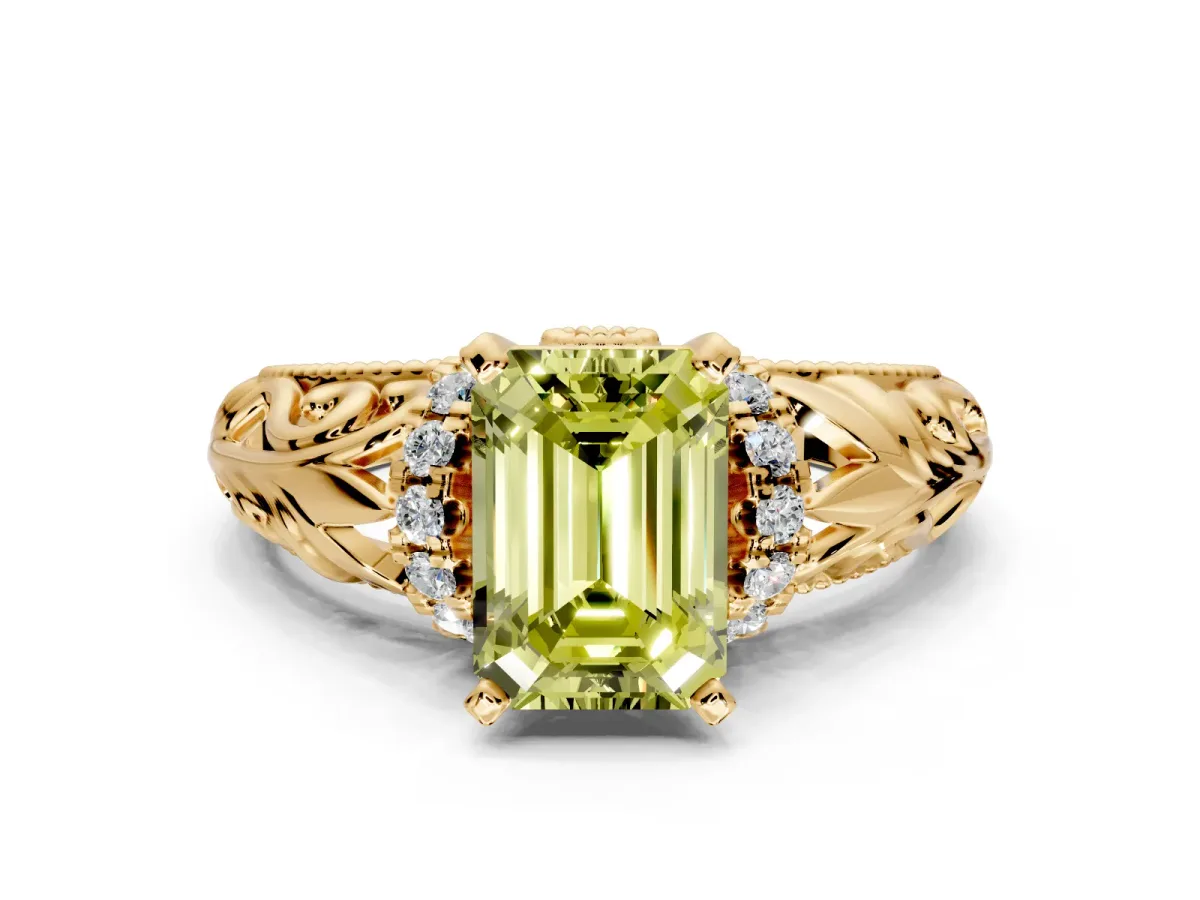 Solitaire Engagement Ring Setting for Fancy Yellow Emerald Cut Center with Filigree Accent Basket and Prong Head in Yellow Gold