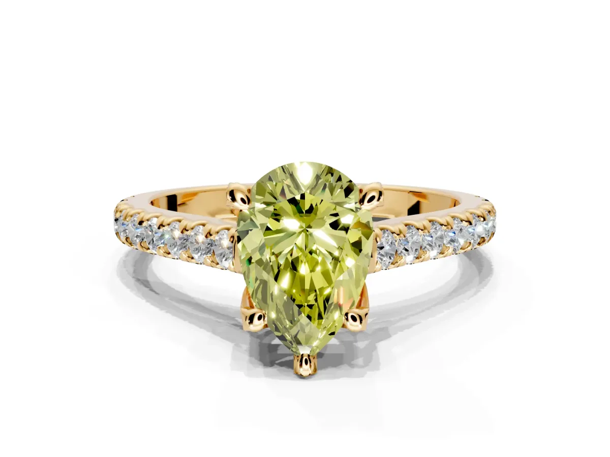 Solitaire Engagement Ring Setting for Fancy Yellow Pear-Shaped Center with Widening Pave Band and Claw Prong Head in Yellow Gold