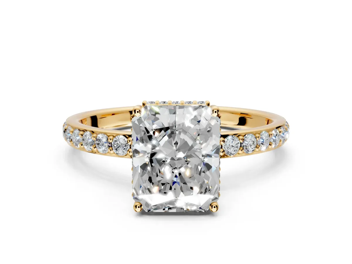 Hidden Halo Engagement Ring Setting for Radiant Cut Center with Pave Band and Prong Head in Yellow Gold