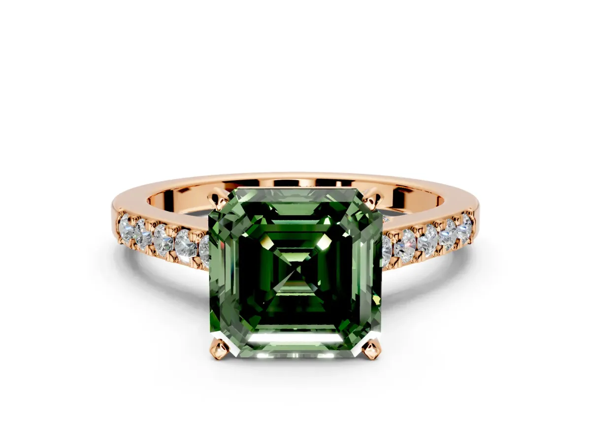Solitaire Engagement Ring Setting for Fancy Green Asscher Cut Center with Crossover Accents and Prong Head in Rose Gold