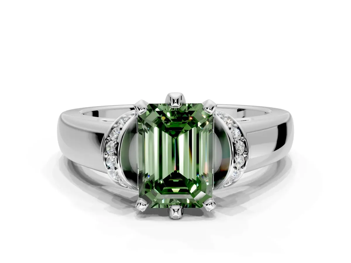 Solitaire Engagement Ring Setting for Fancy Green Emerald Cut Center with Wide Band, Pave Collar and Prong Head in Platinum