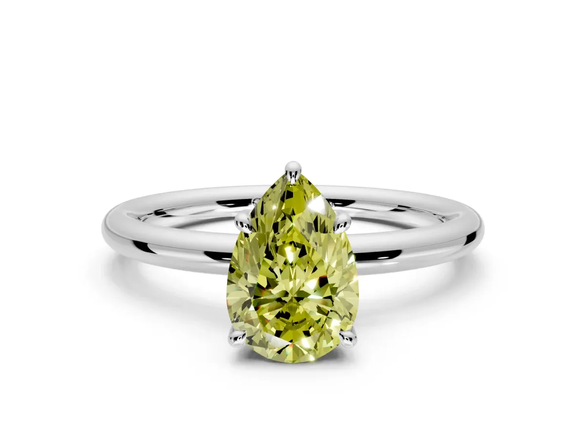 Hidden Halo Engagement Ring Setting for Fancy Yellow Pear-Shaped Center with Thin Rounded Band and Prong Head in White Gold