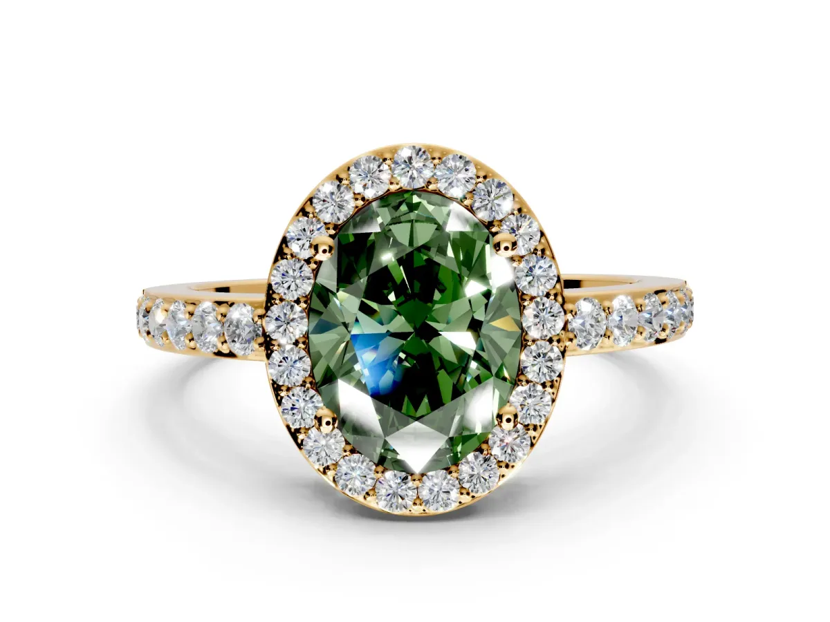 Halo Engagement Ring Setting for Fancy Green Oval Center with Heart-Shaped Openwork, Pave Band and Prong Head in Yellow Gold