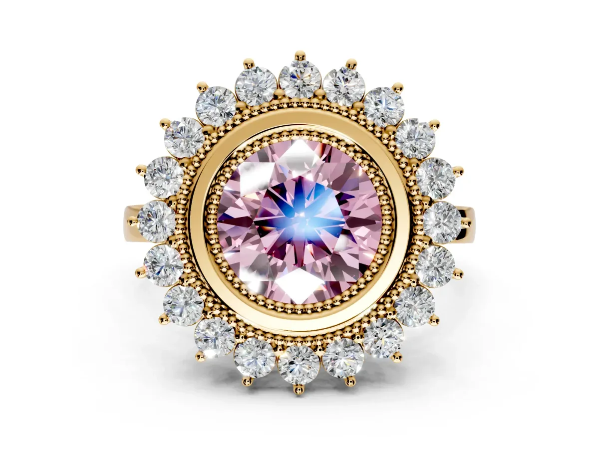 Halo Engagement Ring Setting for Fancy Pink Round Cut Center with Milgrain Bezel Rim, Plain Band and Prong Head in Yellow Gold