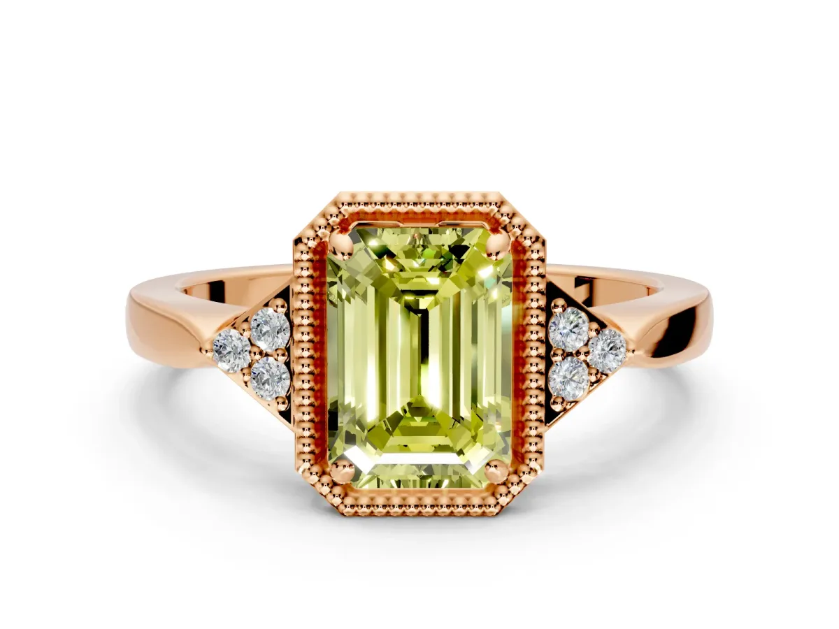 Cluster Engagement Ring Setting for Fancy Yellow Emerald Cut Center with Milgrain Shoulder Clusters and Prong Head in Rose Gold