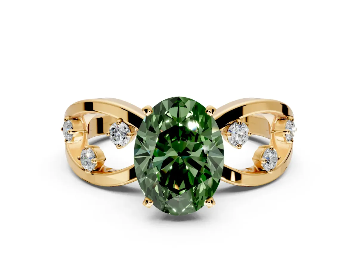 Solitaire Engagement Ring Setting for Fancy Green Oval Center with Criss-Cross Accent Band and Prong Head in Yellow Gold