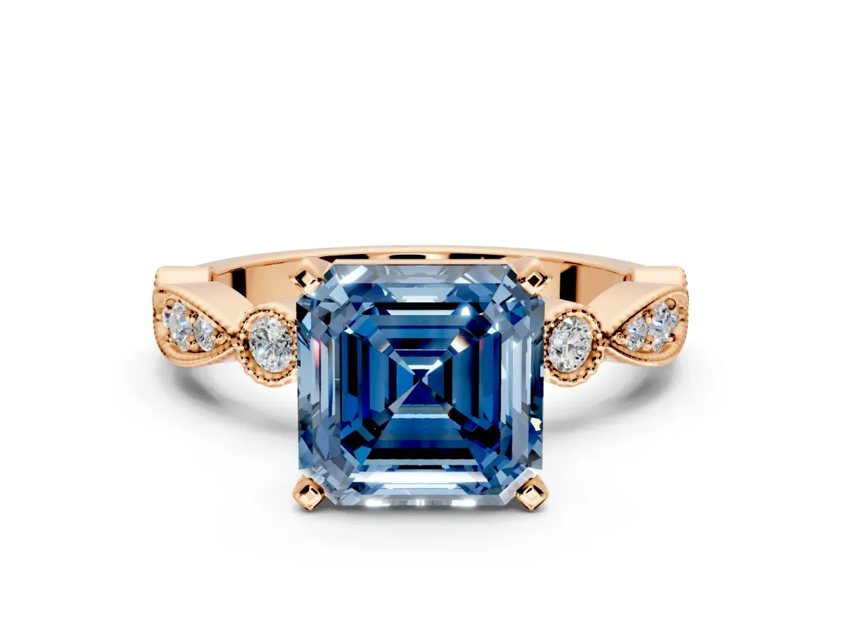 Solitaire Engagement Ring Setting for Fancy Blue Asscher Cut Center with Milgrain Bezel Accents and Prong Head in Rose Gold