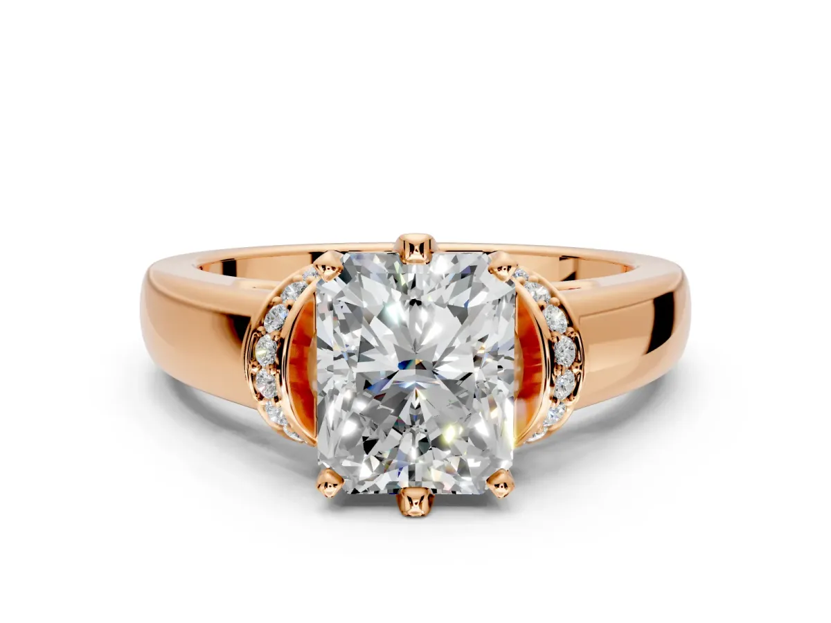 Solitaire Engagement Ring Setting for Radiant Cut Center with Wide Band, Pave Collar and Prong Head in Rose Gold
